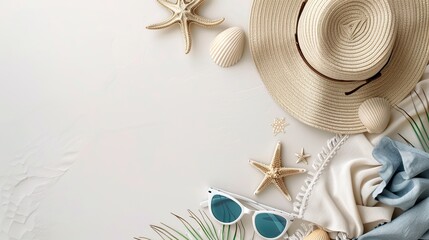 Beach background with shells, starfish and straw hats.