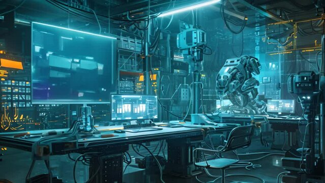 A computer room featuring a desk with multiple monitors, A cybernetic lab with robotics and futuristic technology