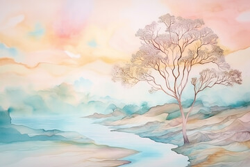 landscape with trees and river, hills, soft colors, blue, pink and orange, a dreamy sky, misty, mountains, watercolor painting