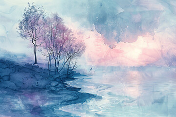 landscape with trees and hills, soft colors, blue, pink and orange, a dreamy sky, misty, mountains, watercolor painting