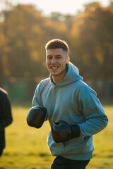 Fototapeta premium young boxer man has workout with personal trainer outdoor, people exercising boxing at park with coach at summer sunset