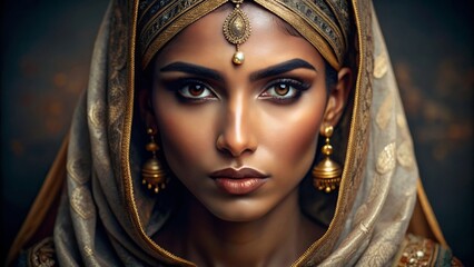 A beautiful Indian woman with golden eyes and dark brown skin, wearing an ancient cloth headscarf. 