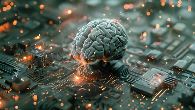 A computer processor chip with a human brain on top, symbolizing artificial intelligence and computing power.