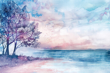 landscape with trees and sea, hills, soft colors, blue, pink and orange, a dreamy sky, misty, mountains, watercolor painting