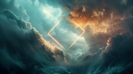 An ethereal scene featuring a floating neon geometric rhombus, casting a soft glow on the swirling...