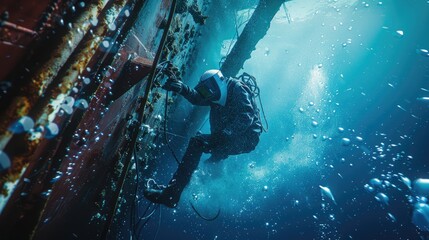 An underwater welder navigating through murky waters to reach a welding site on a bridge pier.