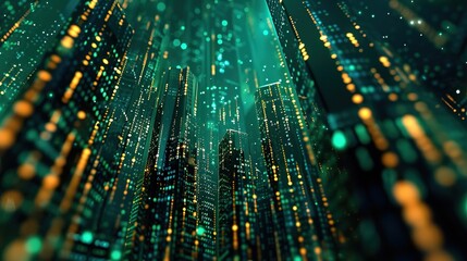 Naklejka premium Smart city visualization, 3D digital city with binary code