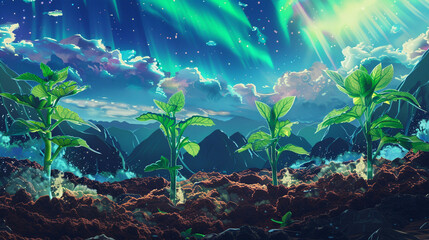 An ethereal illustration of a multiverse garden, where each plant represents a different universe, growing in impossible soil, under a sky painted with the auroras of overlapping realities.