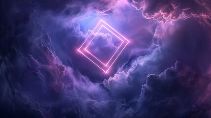 An ethereal scene featuring a floating neon geometric rhombus, casting a soft glow on the swirling dark storm clouds beneath, creating a surreal and futuristic atmosphere with a clear area for text.
