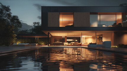 An evening snapshot of a minimalist cubic villa, its facade a blend of wooden cladding and matte...