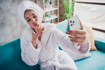 Photo portrait of lovely young lady selfie send air kiss head wrapped towel dressed bath robe...