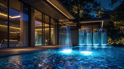 An evocative night view of a luxury pool villa, where the pool's backlit waterfalls create a captivating ambiance. 