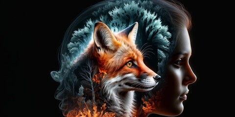 girl with a fox on her head, which is also on fire. The fox has blue flames for hair and orange eyes. The background is black.