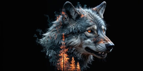 wolf with yellow eyes, flames rising from its back, and electricity arcing between its ears. The wolf is set against a black background.