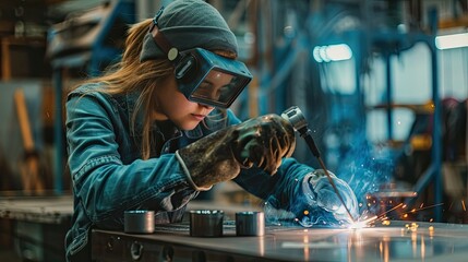 Female apprentice welding a metal sculpture in an art studio, showcasing diverse applications of welding.