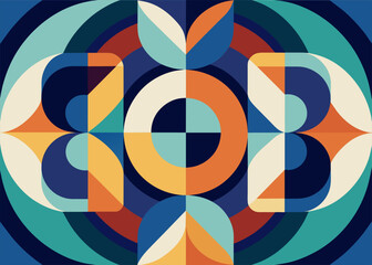 Vector and Mid-century Modern: Flow of shapes and colors in circular patterns
