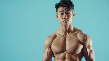 muscular bodybuilder athlete man with perfect body and naked torso posing on blue background, bodybuilding athletic chinese asian male studio shot