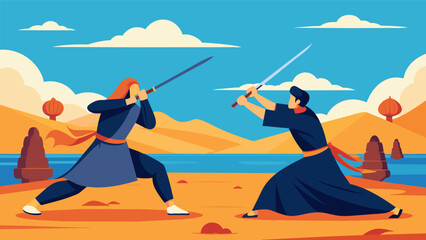 Fototapeta premium In a flurry of quick steps and swift strikes the Kendo practitioners demonstrate the arts powerful and dynamic movements on the sundrenched beach.. Vector illustration