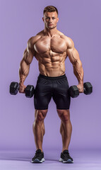 muscular bodybuilder athlete man with perfect body and naked torso exercising with dumbbell on purple background, bodybuilding athletic male studio shot