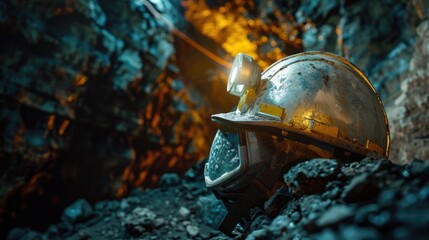 Miner's helmet with a headlamp in a dark underground gold mine, emphasizing the depth and darkness.