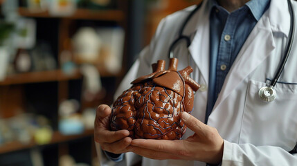 Hepatologist with stethoscope, demonstrating human organ models.