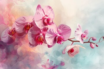Each orchid blossom is meticulously painted with intricate brushstrokes, capturing the ethereal beauty and intricate details of its petals, from the soft blush of pink to the vibrant hues.