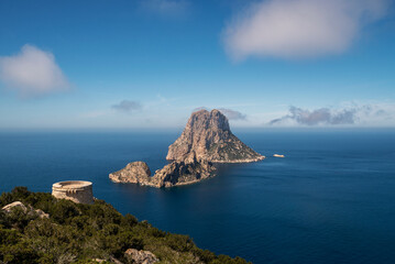 View of Es Vedra islands and Torre de Savinar tower from the mountain, Sant Josep de Sa Talaia, Ibiza, Balearic Islands, Spain
