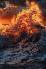 A powerful interaction of fiery orange and deep navy waves, clashing in a spectacular display that mimics the dramatic and intense sunsets seen over the sea.