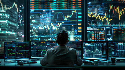 Professional Day Trader Monitoring Real Time Stock Prices on Multiple Screens - Stock Market Concept