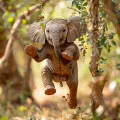 Cute baby elephant running on two legs in the jungle