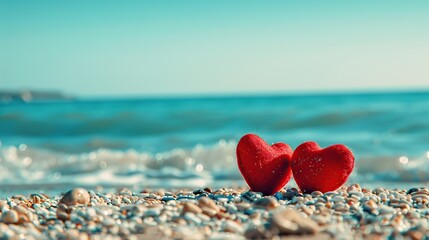a pair of two red hearts on the beach, with a blue sea background.