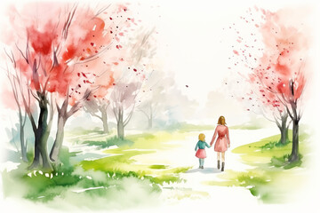 Watercolor illustration of mother and her child walking hand in hand through the park and pink trees