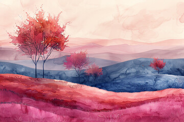 psychedelic landscape with trees and hills, soft colors, blue, pink and orange, a dreamy sky