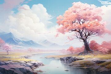 psychedelic landscape with fluid lines, trees, river, hills, soft colors, blue, pink and orange, a dreamy sky