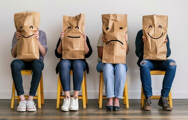 group of people are sitting with paper shopping bags with smiling and sad emoticons