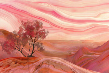 psychedelic landscape with trees, fields, hills, soft colors, brown, pink, purple, orange, a dreamy sky, gradient