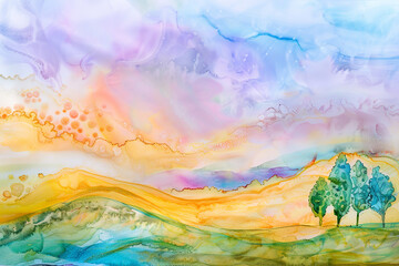 psychedelic landscape with fluid lines, trees, river, hills, soft colors, blue, pink and orange, a dreamy sky