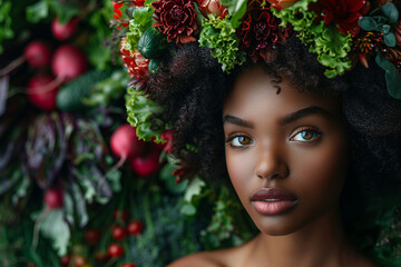 portrait of beautiful black woman with afro hair made of fresh vegetables and lettuce leaves on blurred