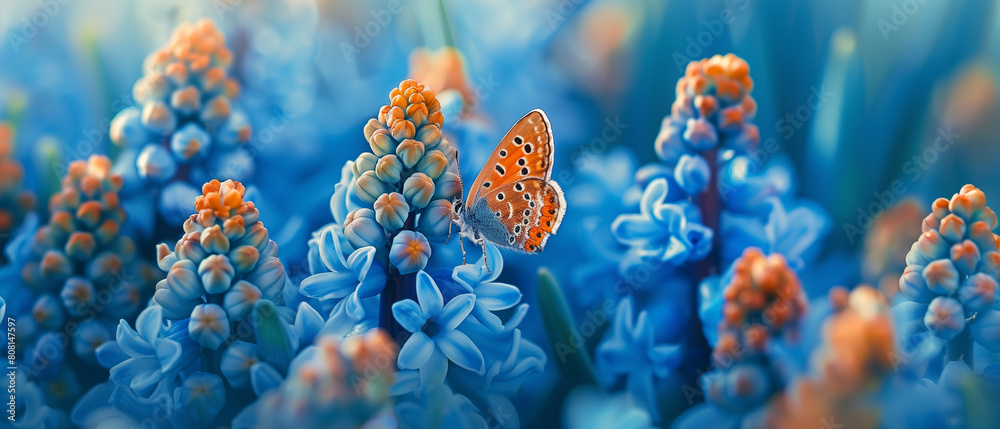 Poster butterfly in blue flowers field