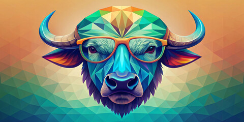 A stylized bison with prominent horns is depicted wearing a pair of colorful glasses. It features a geometric, low-poly design with vibrant colors transitioning from green to blue and orange.AI genera - obrazy, fototapety, plakaty