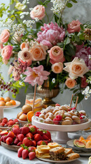 Exquisite Mothers Day Brunch Table with Floral Arrangements and Delectable Foods Concept