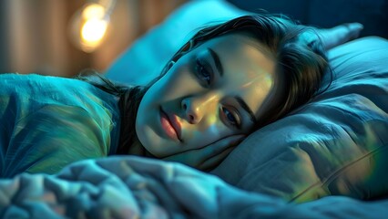 A young woman relaxing in bed at home resting peacefully. Concept Home relaxation, peace and serenity, cozy indoors, self-care routine