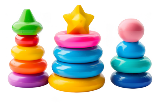 Three bright and cheerful toddler or baby toys are arranged in a colorful set against a transparent PNG background with no distractions - AI-generated.