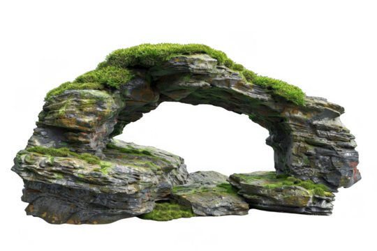 Hand-crafted stone arch nestled in a picturesque forest setting. Captivating cave entrance decorated with vibrant green moss. AI technology utilized for creative content generation.