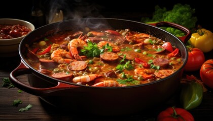 A large pan filled with delicious food, including gumbo with shrimp and sausage, placed on top of a table