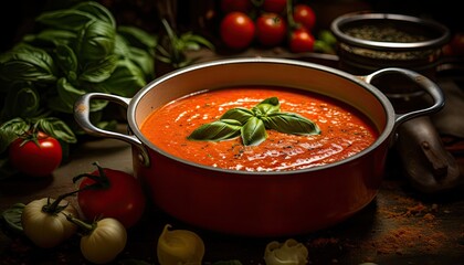 A pot of rich and creamy tomato basil soup topped with fresh basil leaves