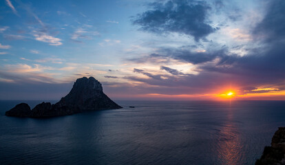 Es Vedra island beautiful sunset panorama, Sant Josep de Sa Talaia, Ibiza, Balearic Islands, Spain


