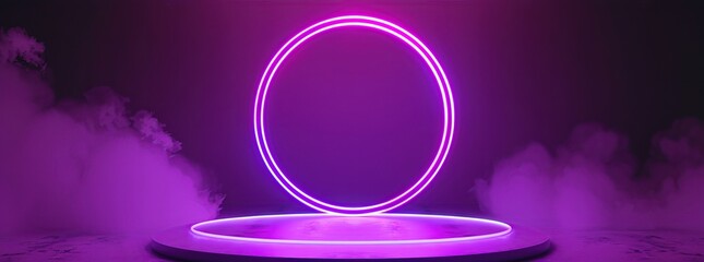 Empty round podium with pink neon lights