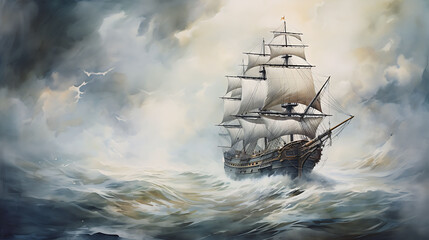 Produce a watercolor background featuring an old sailing ship navigating through stormy seas under dark, brooding skies