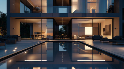 An image capturing the grandeur of a modern villa at night, where a sleek pool reflects the moonlit sky. The living room, visible through towering glass windows, glows with ambient lighting,